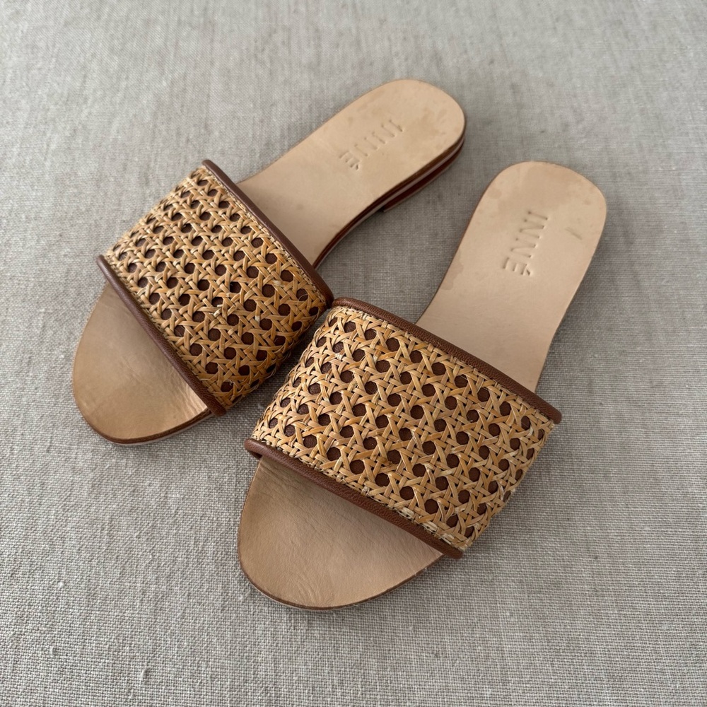 Tan and Brown Woven Slide Sandals